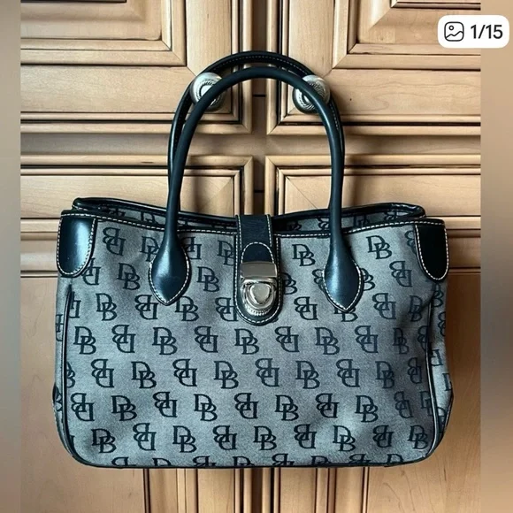 Dooney and Bourke Signature Small Double Handle Black and Gray Tote - Picture 1 of 11